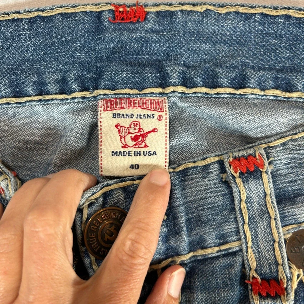 True Religion Ricky Super T Mens 40 Blue Jean Red Thick Stitch Straight Made USA
